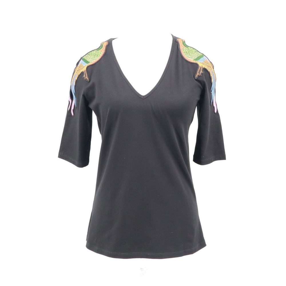 Anne Fontaine Casual Embroidered Bird Top Womens 36/2 Black Boho Designer Resort